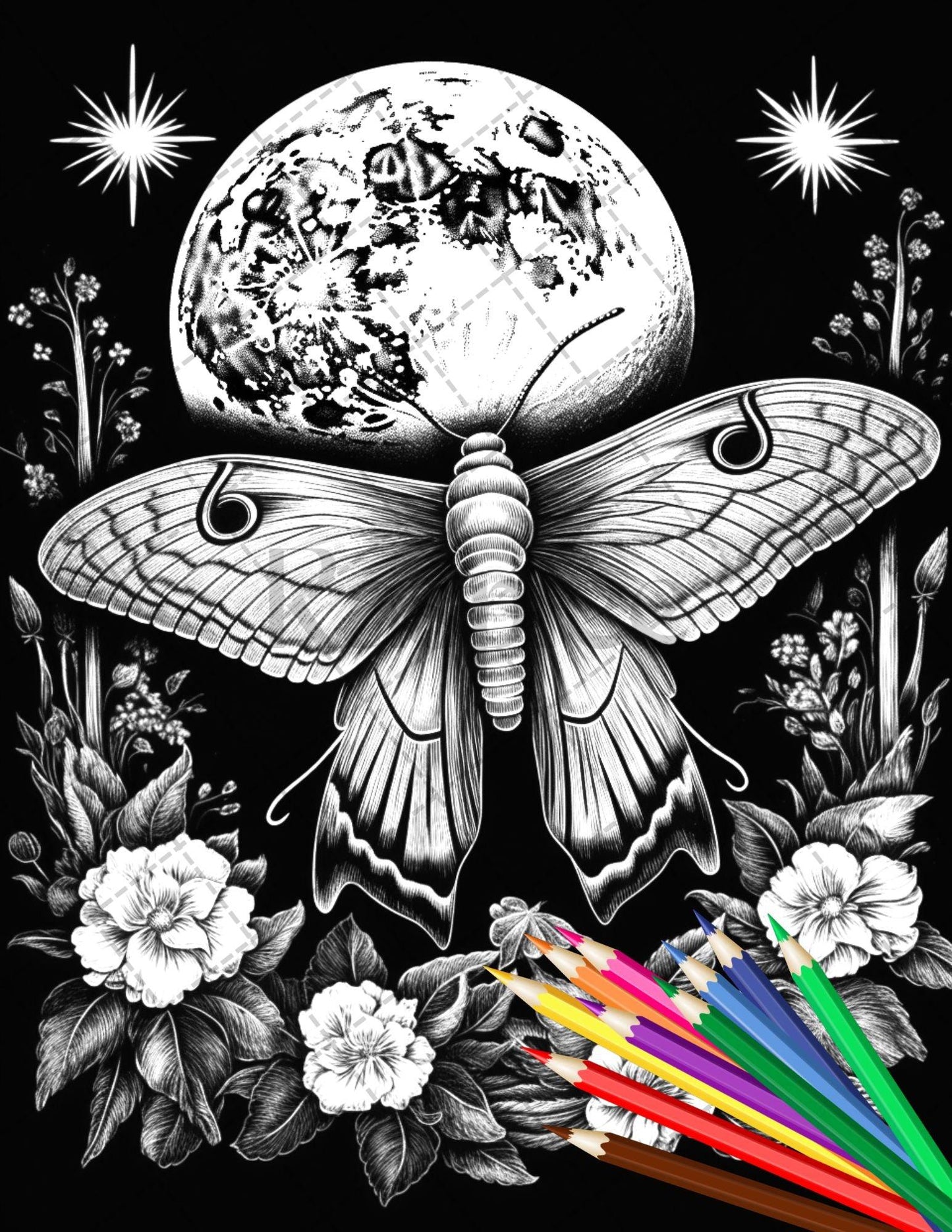 32 Beautiful Moths and Floral Coloring Book for Adults, Grayscale Coloring Page, Printable PDF Instant Download