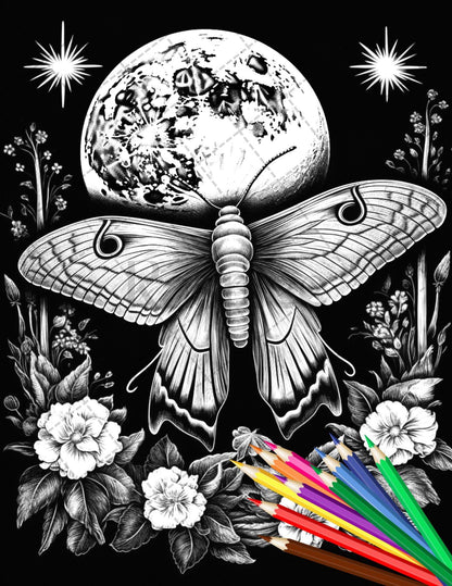 32 Beautiful Moths and Floral Coloring Book for Adults, Grayscale Coloring Page, Printable PDF Instant Download