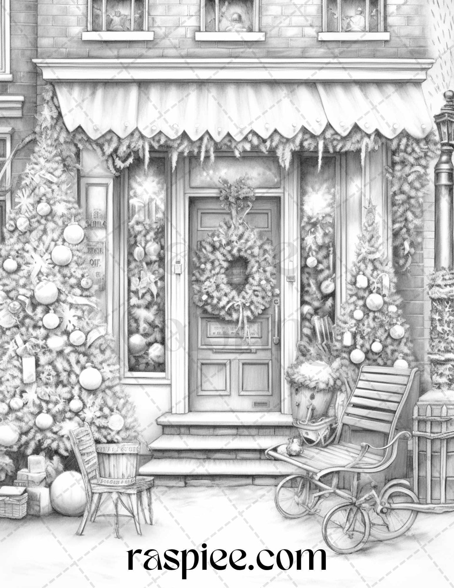 Christmas Store Front Grayscale Coloring Pages for Adults, PDF Printable Instant Download