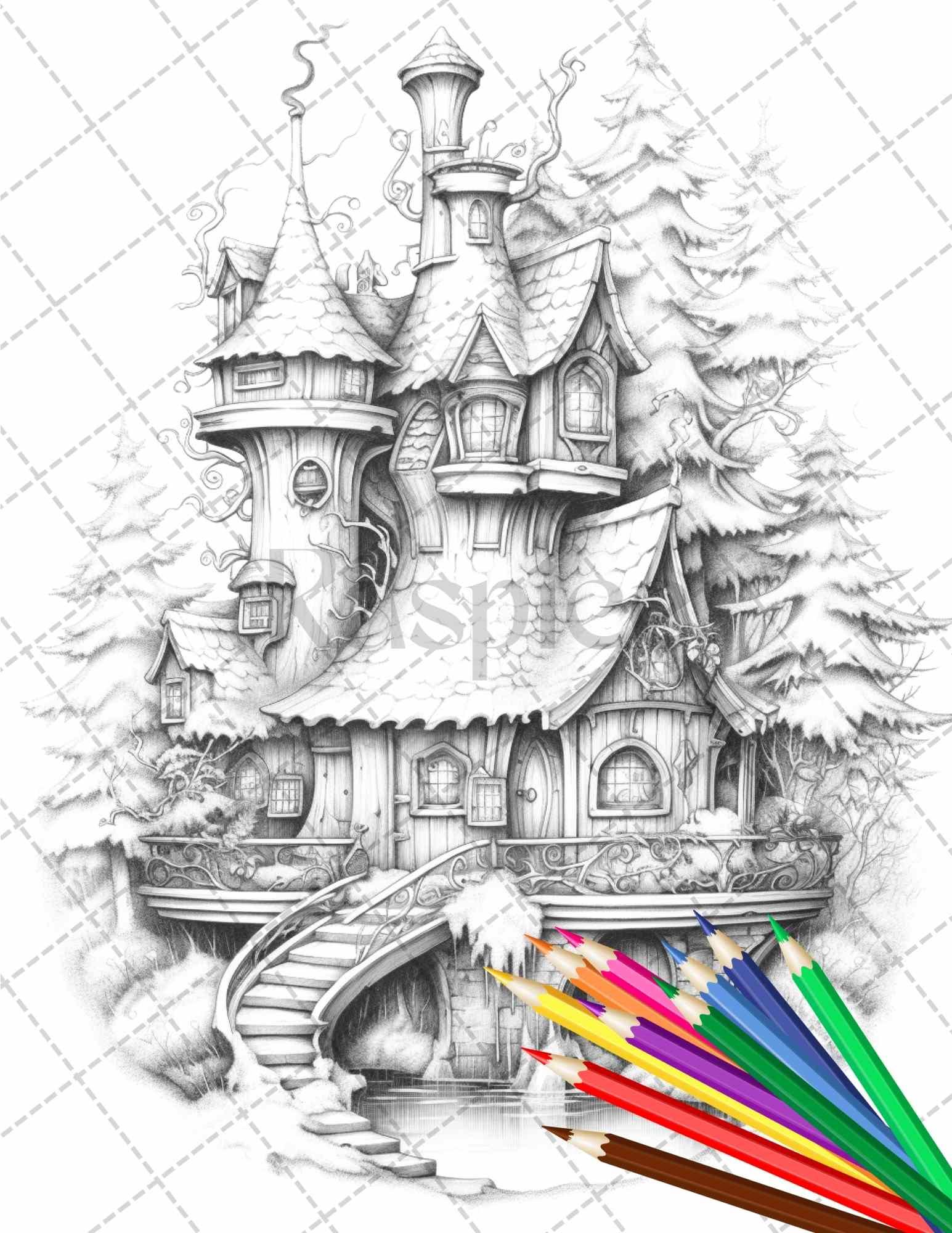63 Winter Fairy Houses Grayscale Coloring Pages Printable for Adults, PDF File Instant Download