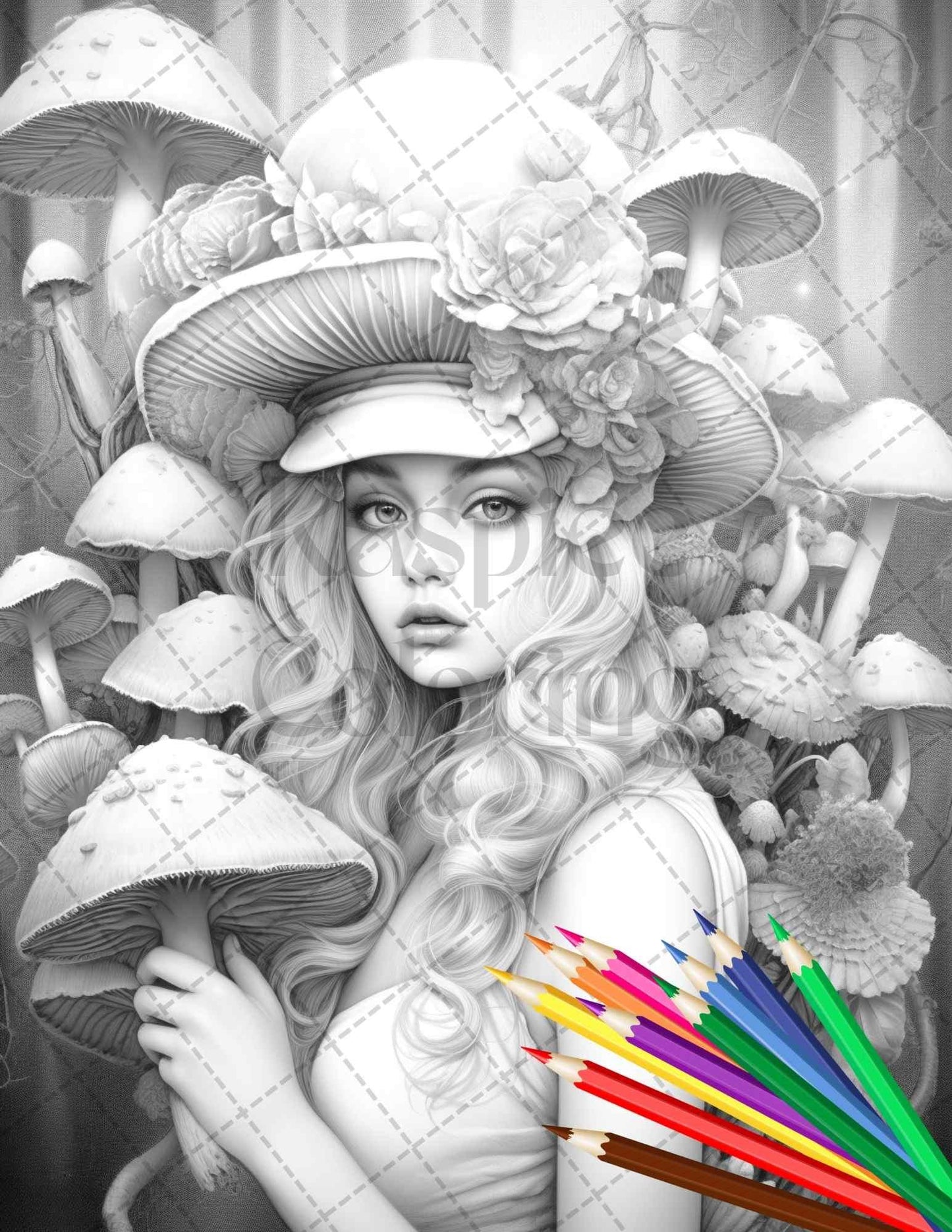 50 Mushroom Fairy Grayscale Coloring Pages Printable for Adults, PDF File Instant Download