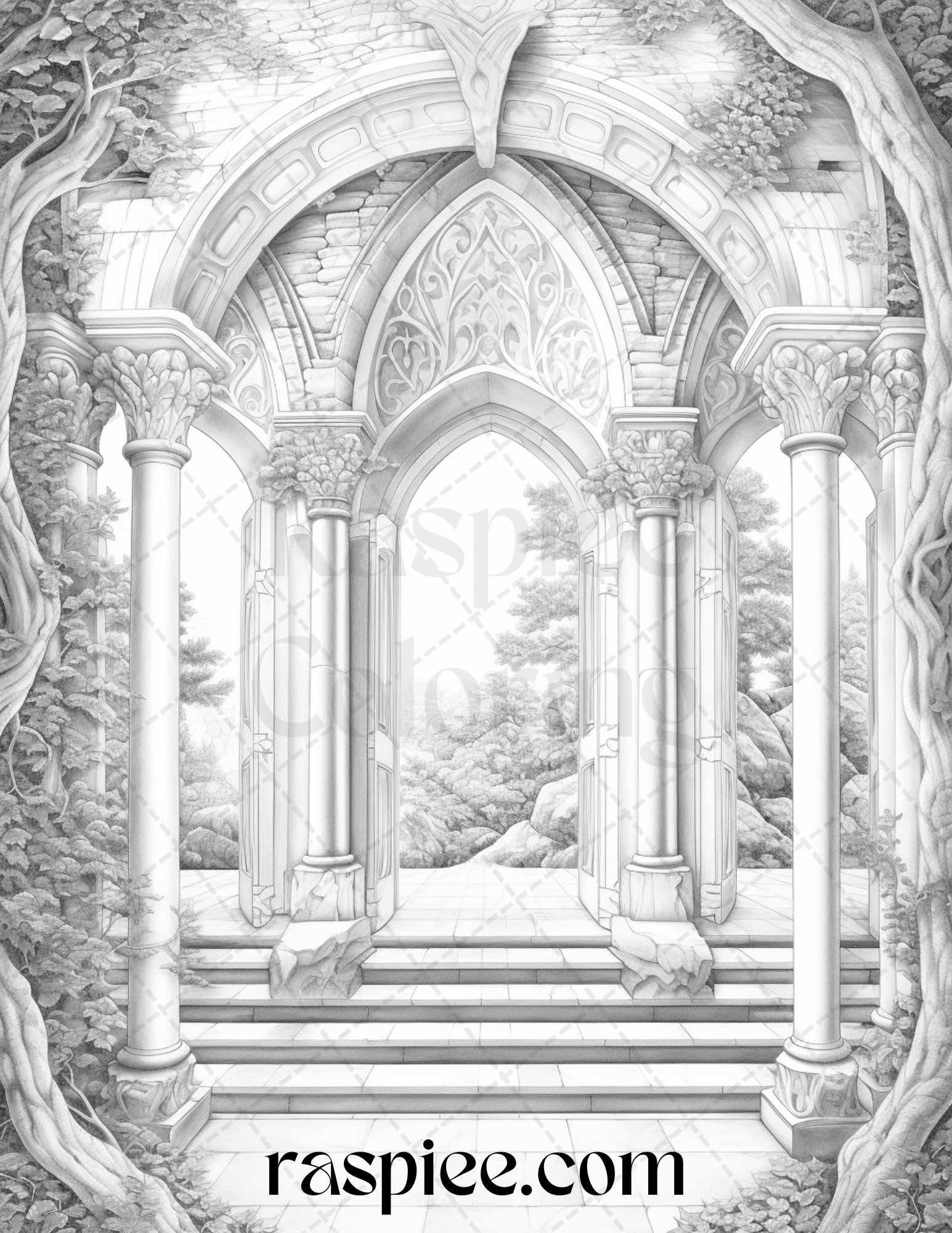 Mystical World Grayscale Coloring Pages Printable for Adults, Enchanting Fantasy Designs, PDF File Instant Download