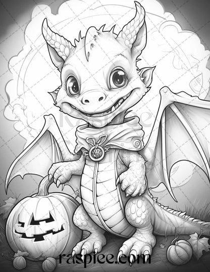 50 Cute Pumpkin Dragons Graycale Coloring Pages for Adults and Kids, Printable PDF File Instant Download