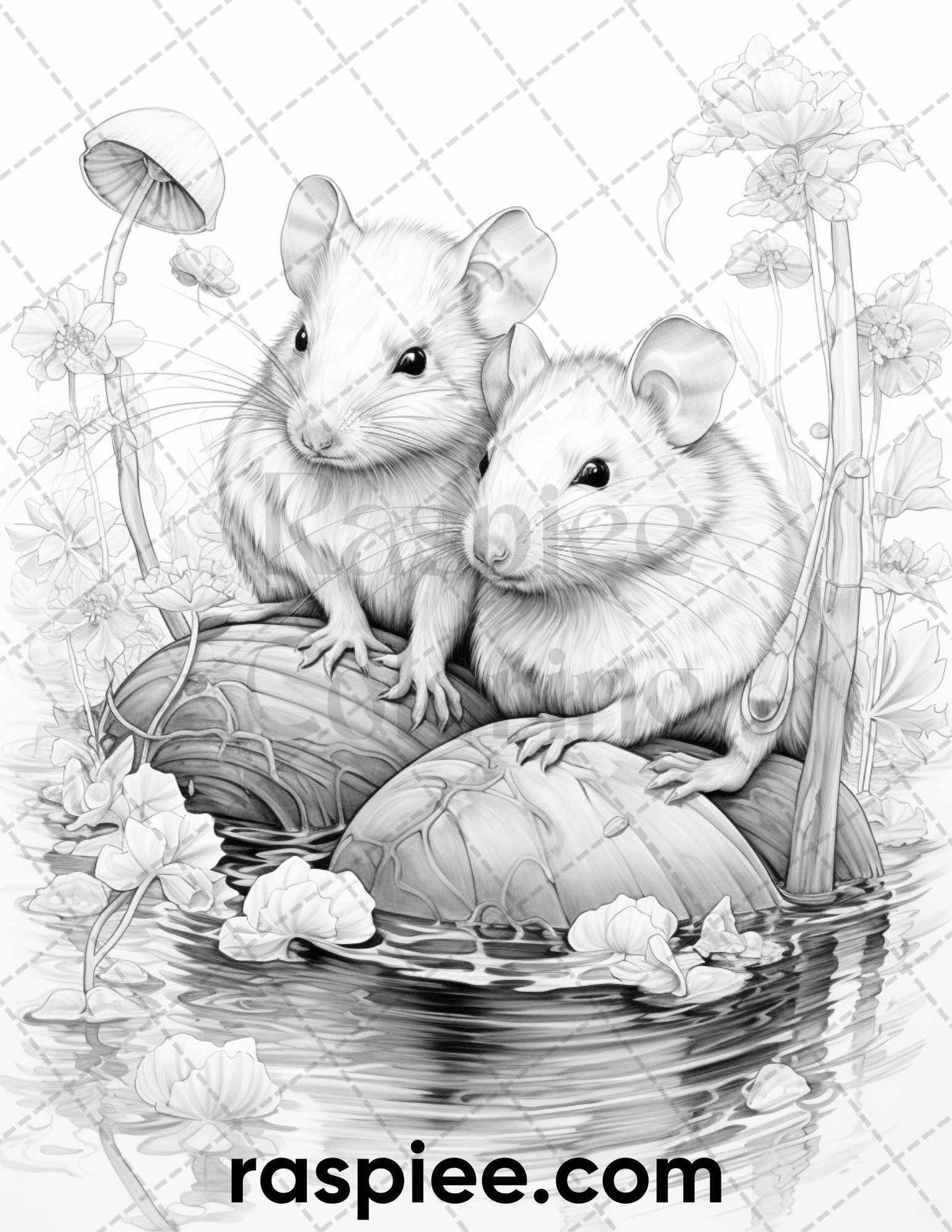 50 Enchanting Fairytale Mice Grayscale Coloring Pages Printable for Adults, PDF File Instant Download