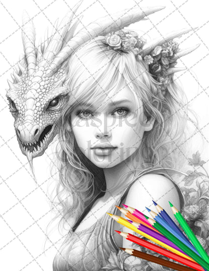 Enchanted Dragon Queens Grayscale Coloring Pages Printable for Adults, PDF File Instant Download