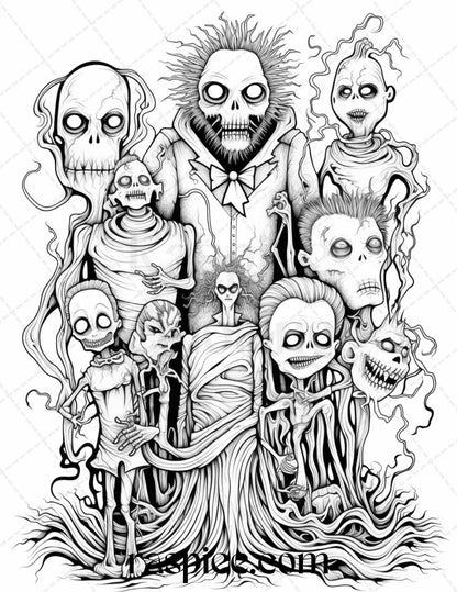 50 Monster Family Grayscale Coloring Pages Printable for Adults - Instant Download, Halloween Coloring Book, Fun and Spooky Designs