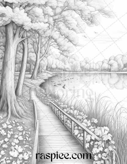 Autumn Scenery Grayscale Coloring Pages Printable for Adults, PDF File Instant Download
