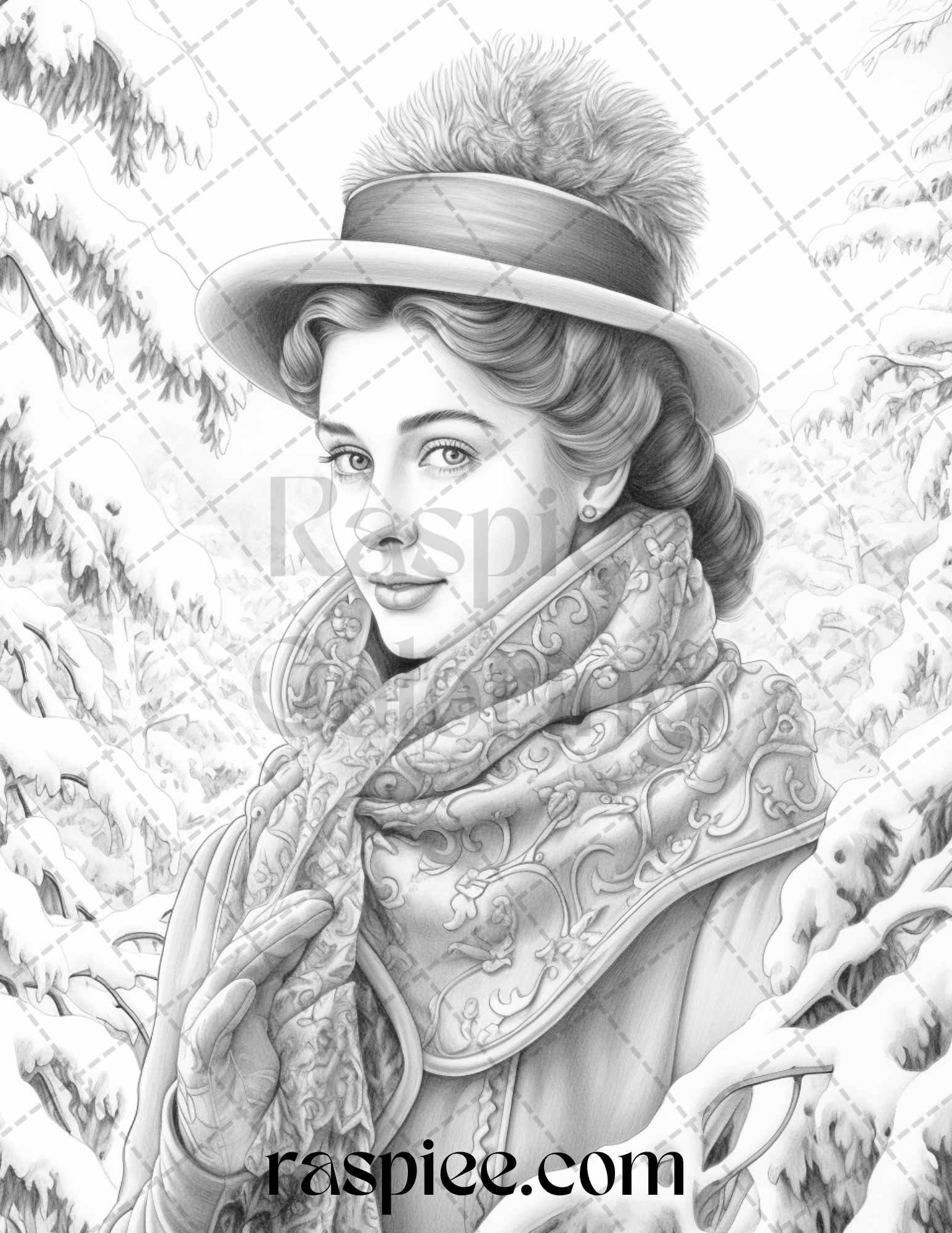 60 Victorian Winter Portrait Grayscale Coloring Pages Printable for Adults, PDF File Instant Download