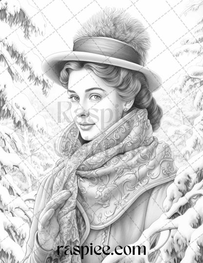 60 Victorian Winter Portrait Grayscale Coloring Pages Printable for Adults, PDF File Instant Download