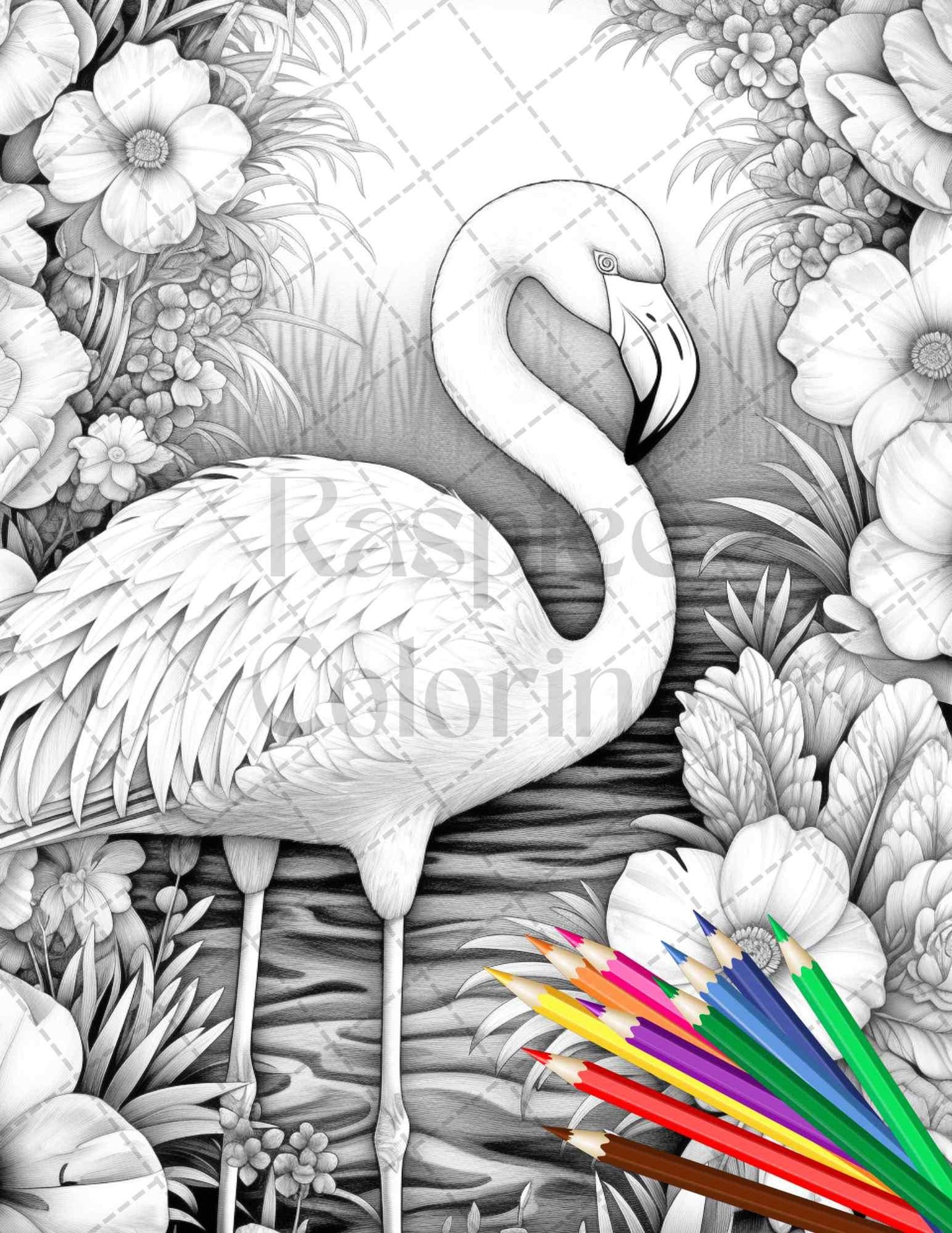 Flamingo Oasis Grayscale Coloring Pages Printable for Adults, PDF File Instant Download