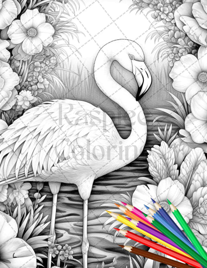 Flamingo Oasis Grayscale Coloring Pages Printable for Adults, PDF File Instant Download