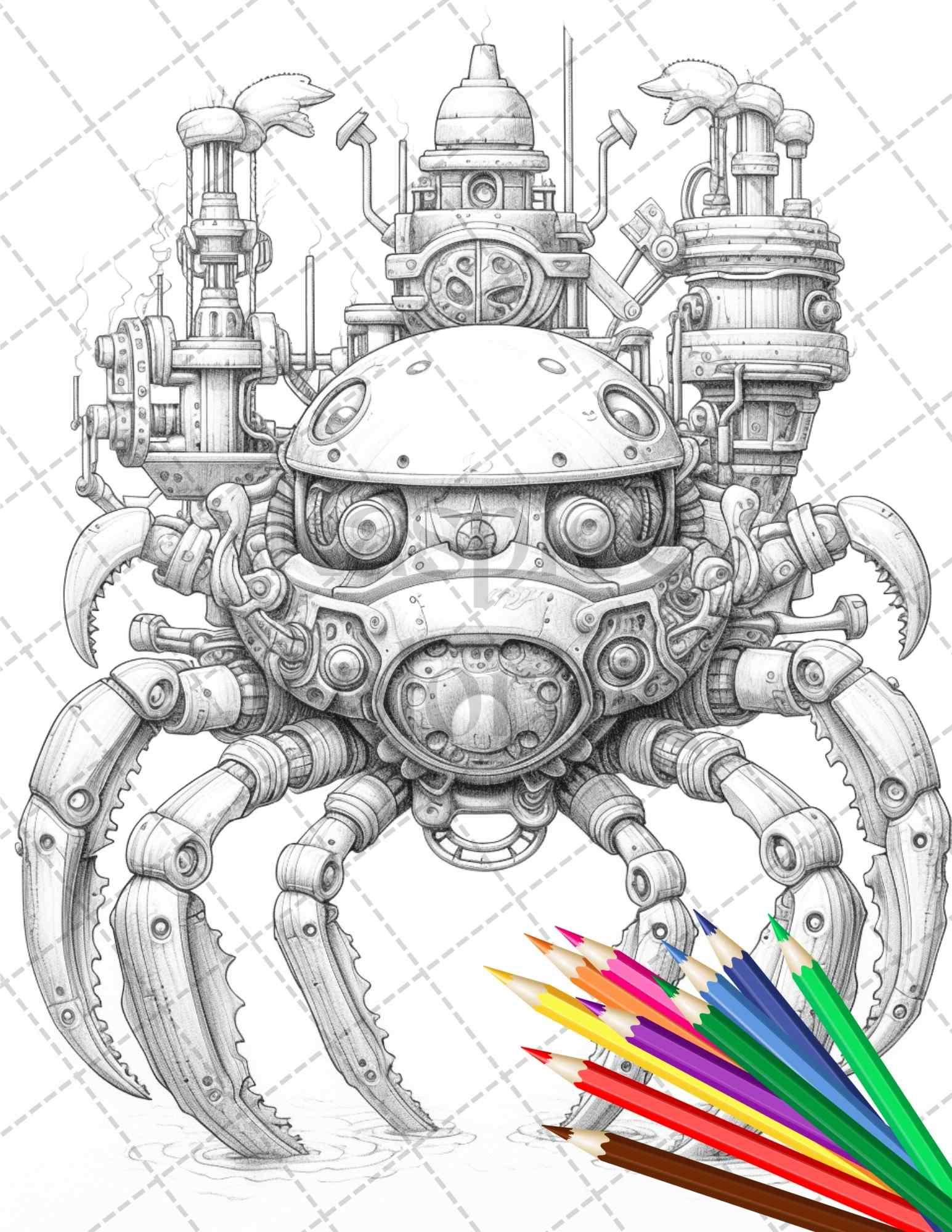 60 Steampunk Animals Grayscale Coloring Pages Printable for Adults, PDF File Instant Download