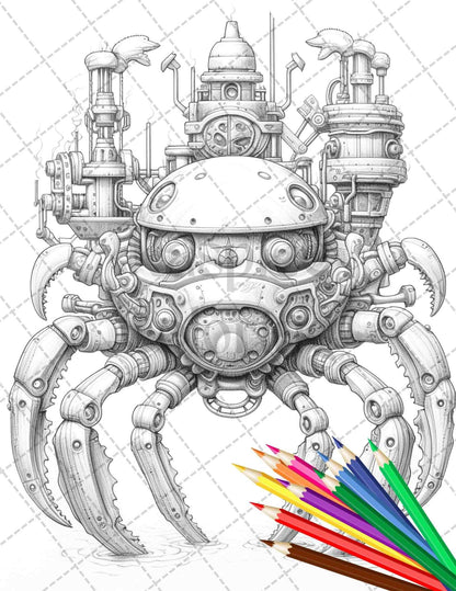 60 Steampunk Animals Grayscale Coloring Pages Printable for Adults, PDF File Instant Download