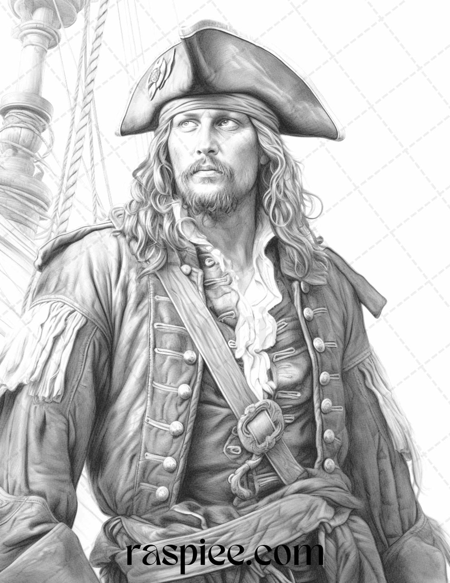 60 Pirate Life Grayscale Coloring Pages Printable for Adults, Stress Relief Coloring, PDF File Instant Download