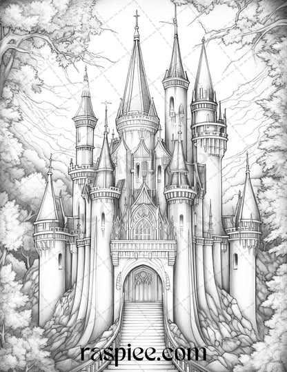 50 Haunted Castles Grayscale Coloring Pages Printable, Halloween Coloring Book, PDF File Instant Download