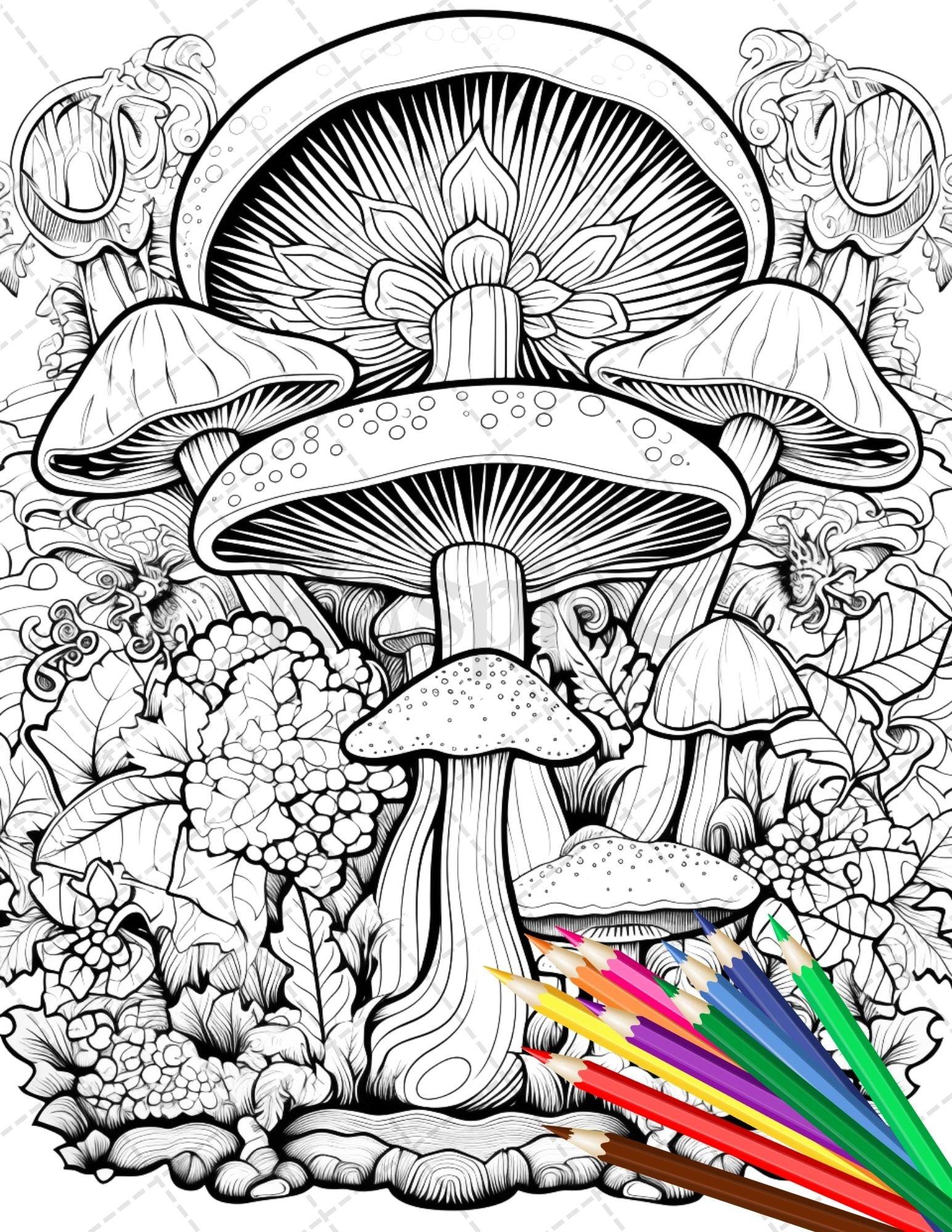 Psychedelic Mushroom Forest Coloring Book Printable for Adults, Trippy Grayscale Coloring Page, PDF File Instant Download