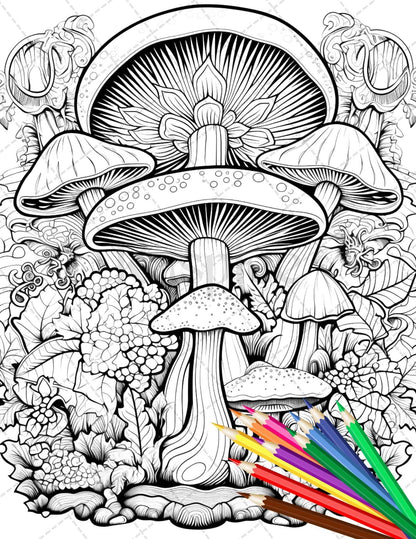 Psychedelic Mushroom Forest Coloring Book Printable for Adults, Trippy Grayscale Coloring Page, PDF File Instant Download