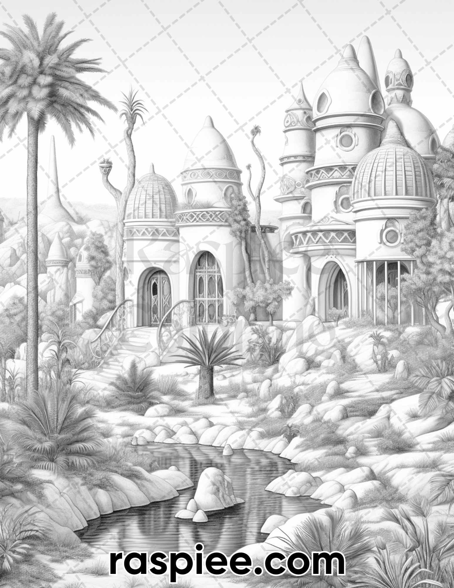 55 Desert Oasis Fairy Homes Grayscale Coloring Pages for Adults, Printable PDF Instant Download