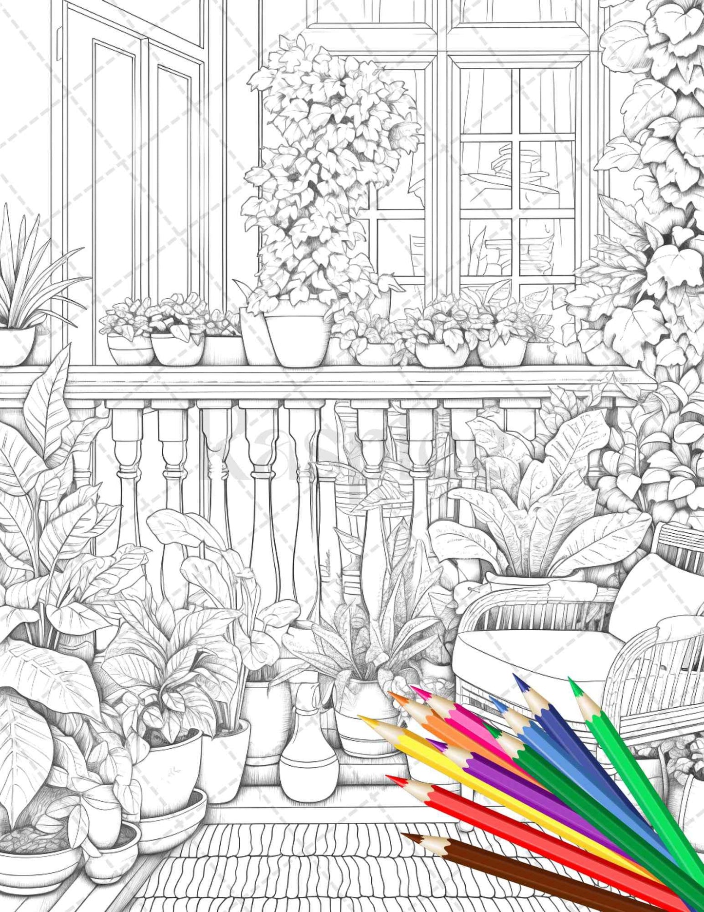 Charming Balcony Garden Grayscale Coloring Pages Printable for Adults, PDF File Instant Download