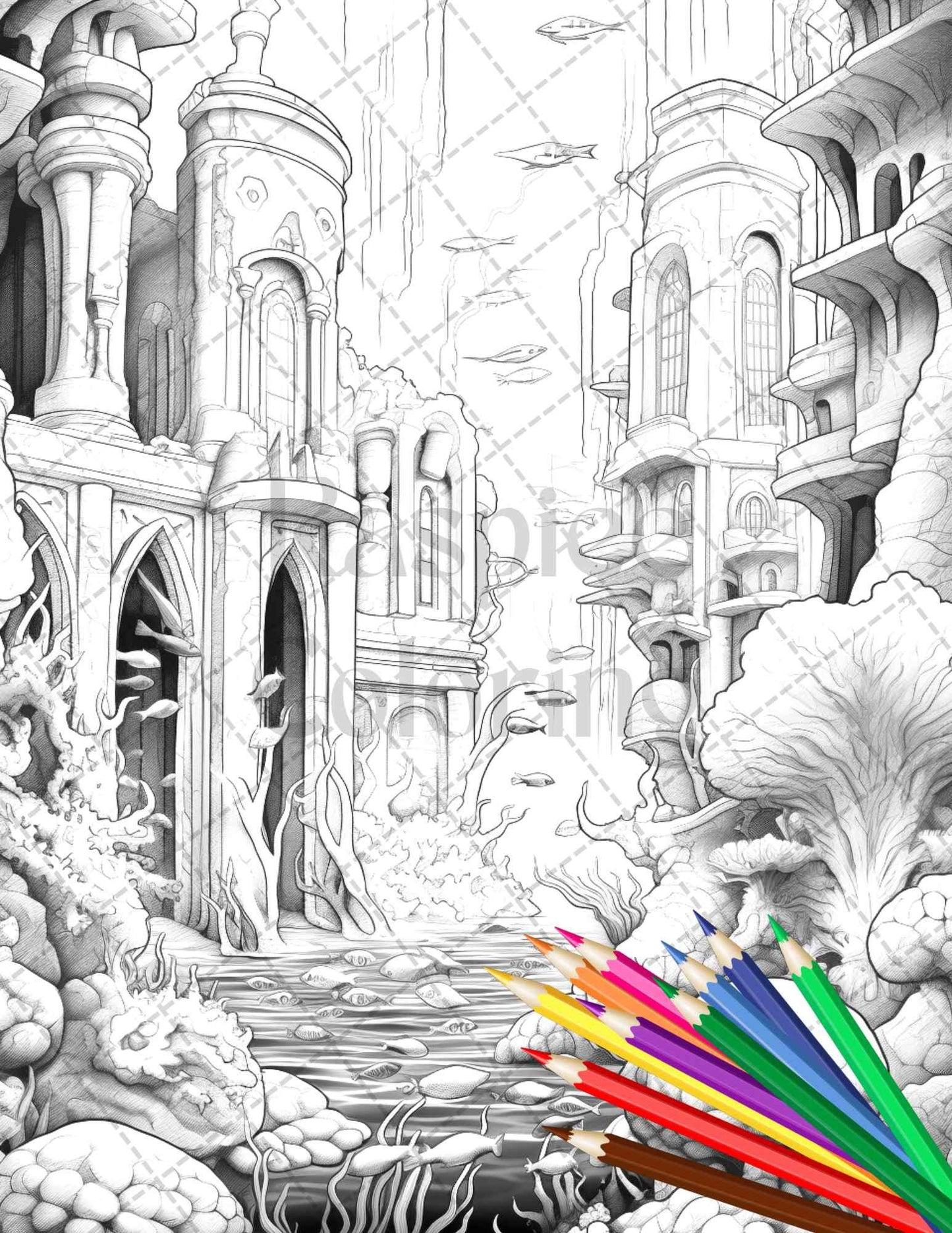 Enchanted Underwater City Grayscale Coloring Pages Printable for Adults, PDF File Instant Download