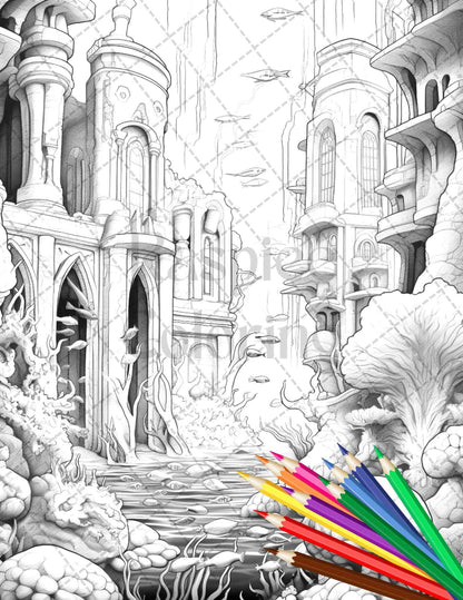 Enchanted Underwater City Grayscale Coloring Pages Printable for Adults, PDF File Instant Download