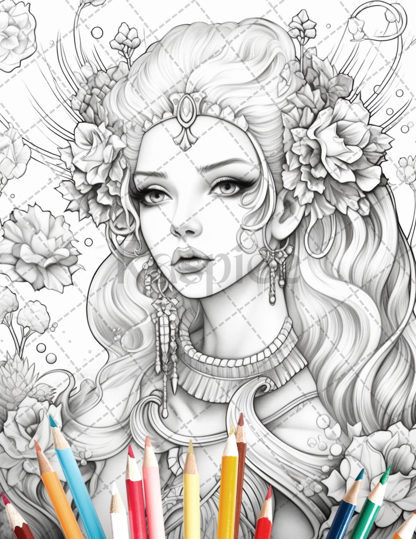 35 Beautiful Printable Elf Girls Coloring Book for Adults, Grayscale Coloring Page, PDF File Instant Download
