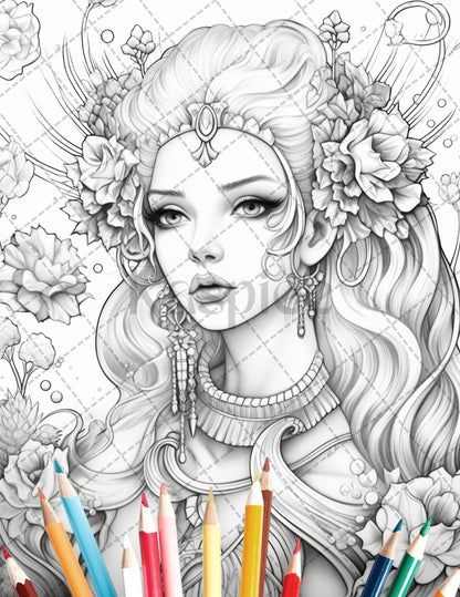 35 Beautiful Printable Elf Girls Coloring Book for Adults, Grayscale Coloring Page, PDF File Instant Download