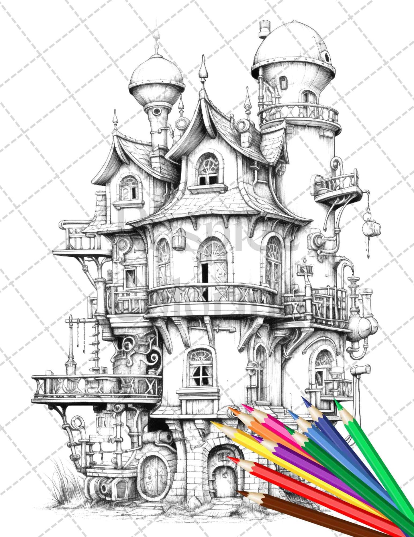 50 Steampunk Houses Grayscale Coloring Pages Printable for Adults, PDF File Instant Download