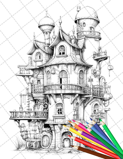 50 Steampunk Houses Grayscale Coloring Pages Printable for Adults, PDF File Instant Download