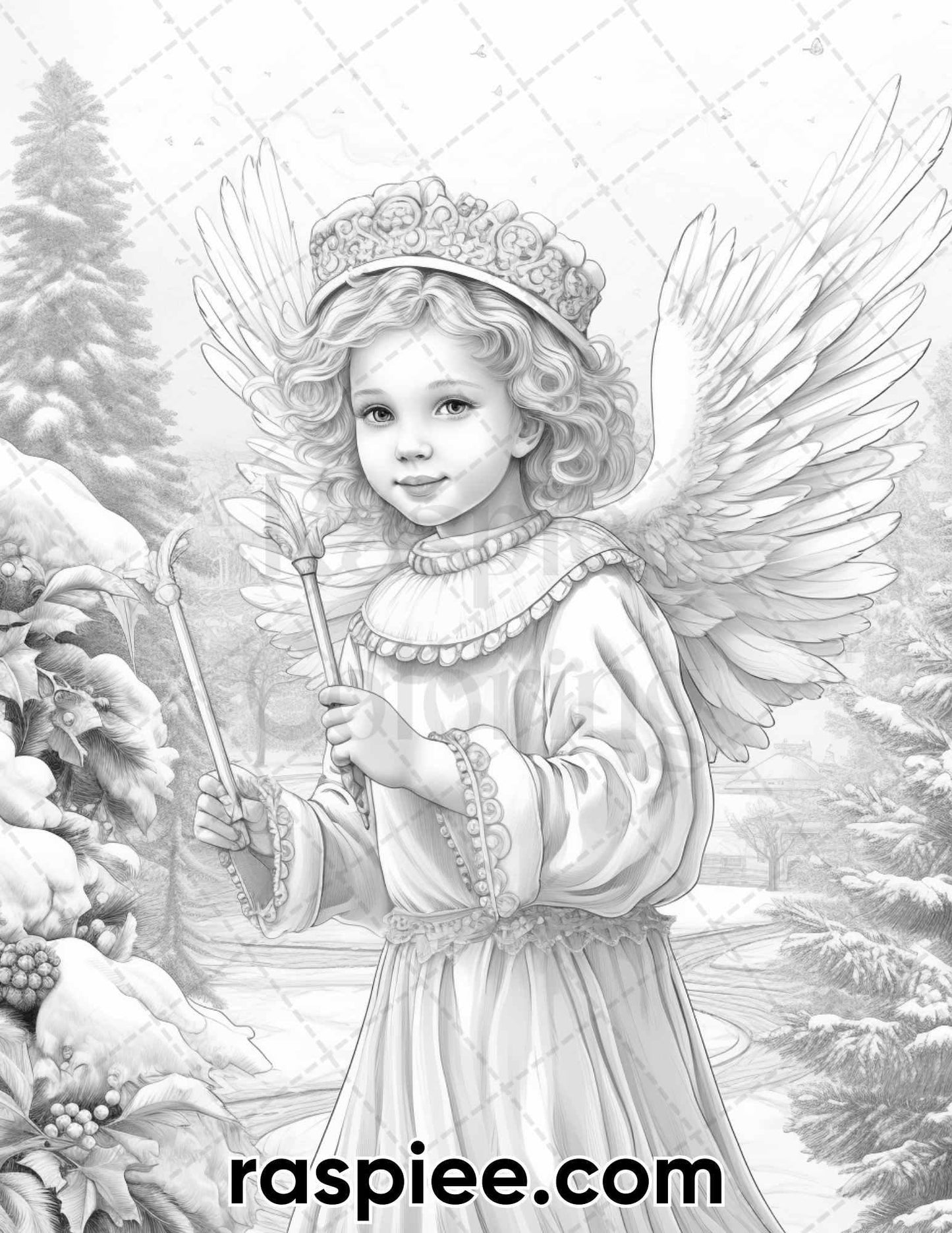 55 Christmas Angel Grayscale Coloring Pages for Adults, Printable PDF Instant Download