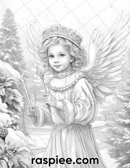 55 Christmas Angel Grayscale Coloring Pages for Adults, Printable PDF Instant Download