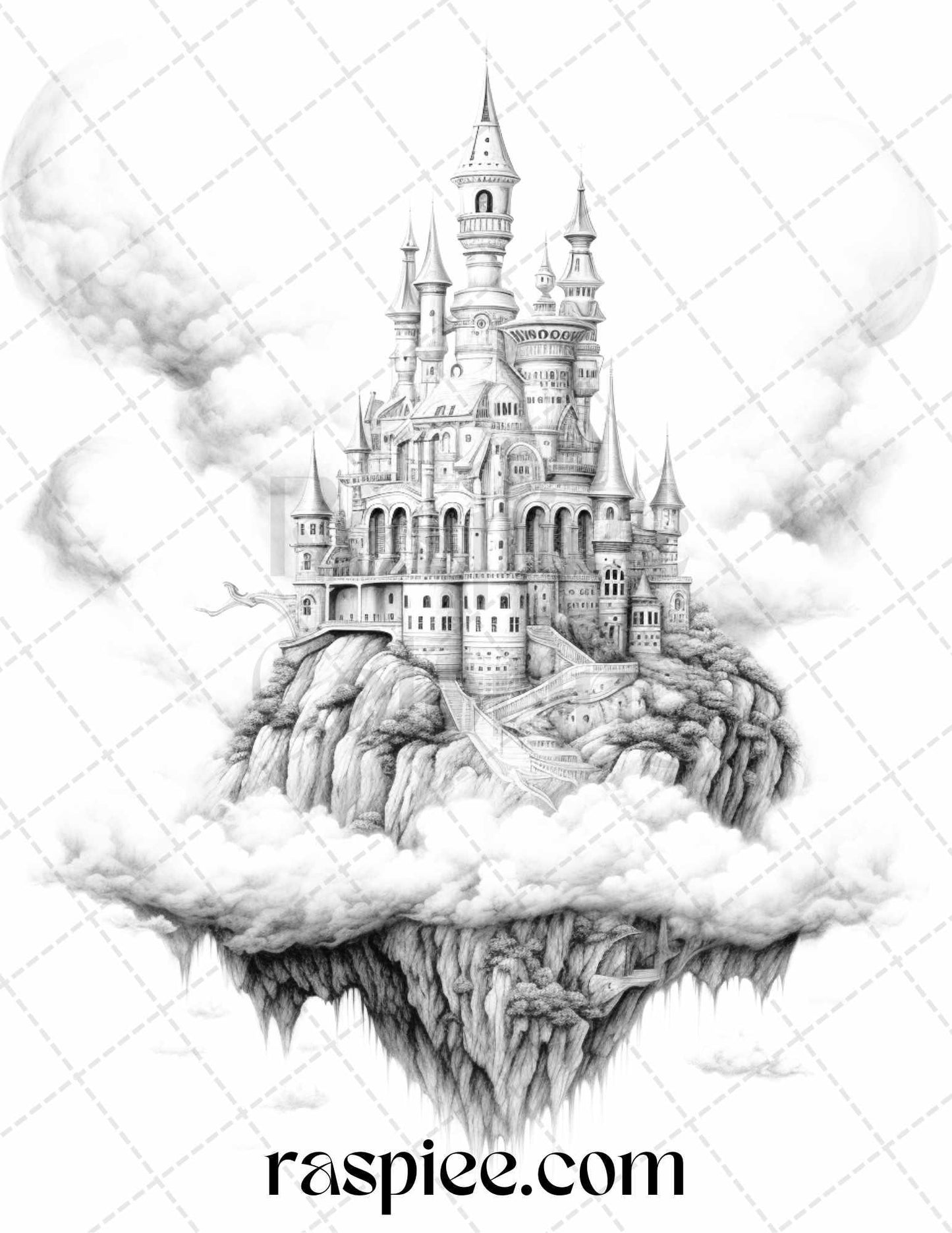 Floating Castle in the Sky Grayscale Coloring Pages for Adults, Printable PDF File Instant Download