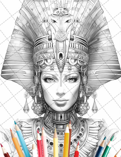 35 Ancient Egyptian Queens Coloring Book Printable for Adults, Grayscale Coloring Page, PDF File Instant Download