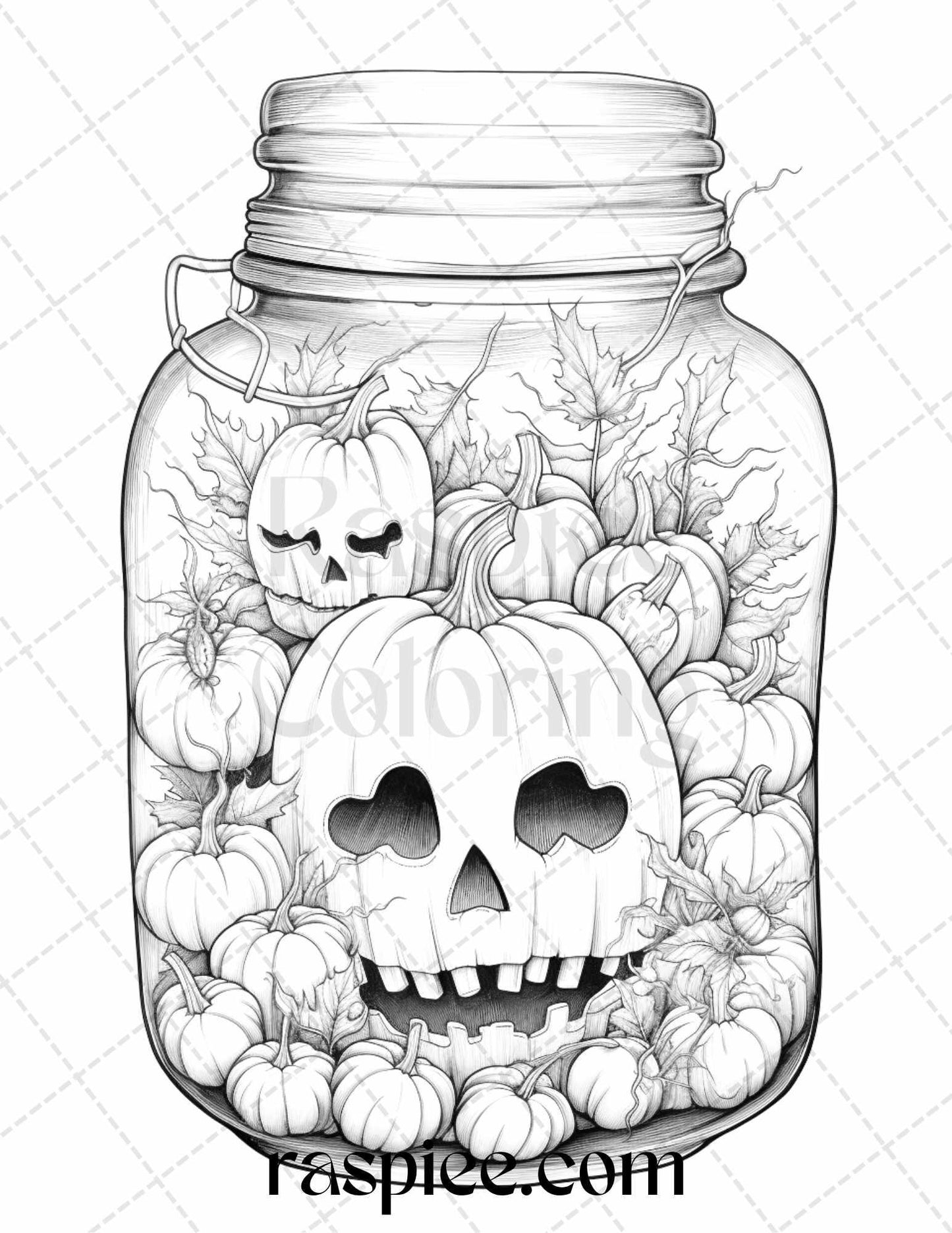 40 Halloween in Jar Grayscale Coloring Pages for Adults, Printable PDF File Instant Download