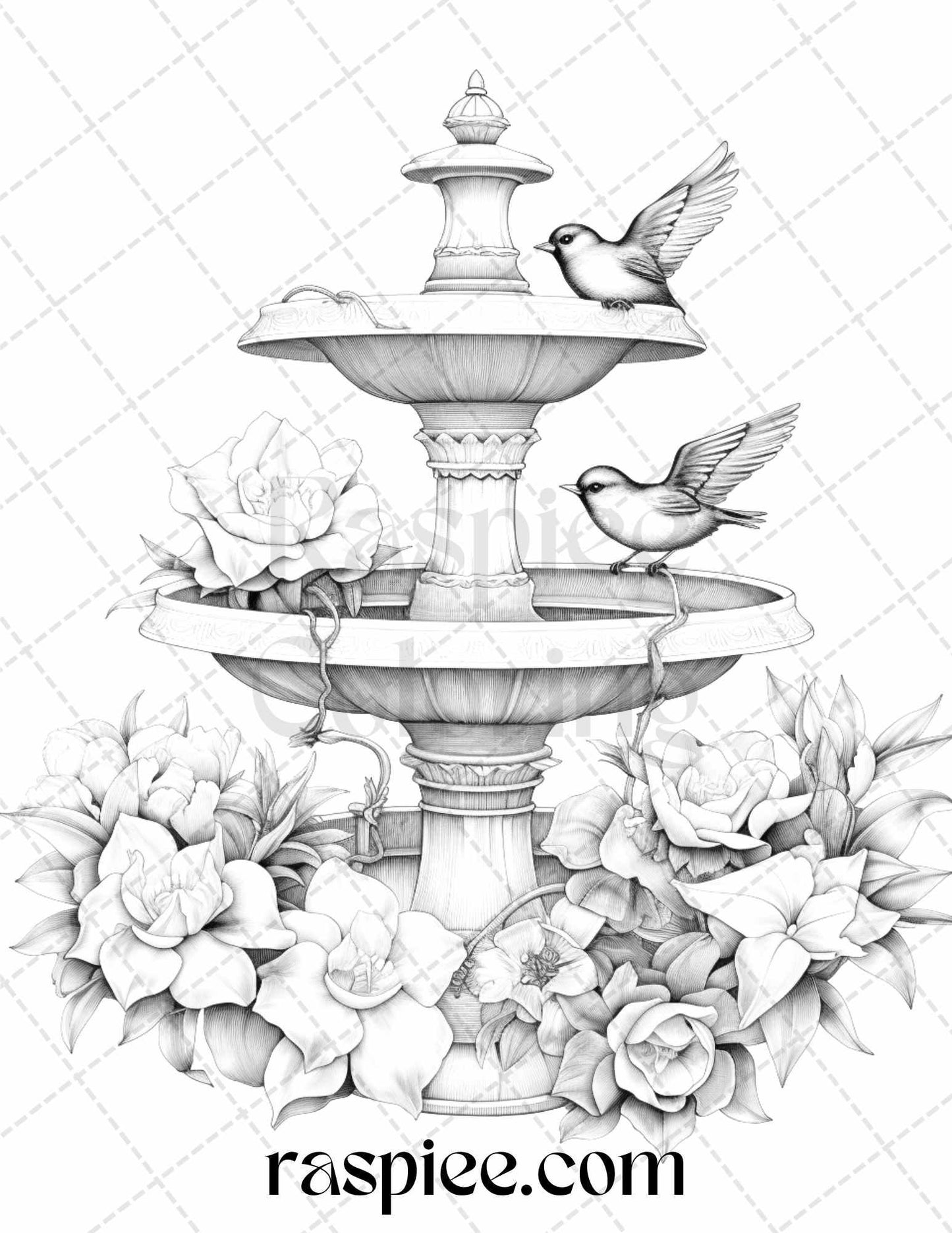 32 Blooming Fountains Grayscale Coloring Pages Printable for Adults, PDF File Instant Download