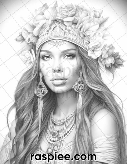 60 Bohemian Beauties Grayscale Coloring Pages for Adults, Printable PDF Instant Download