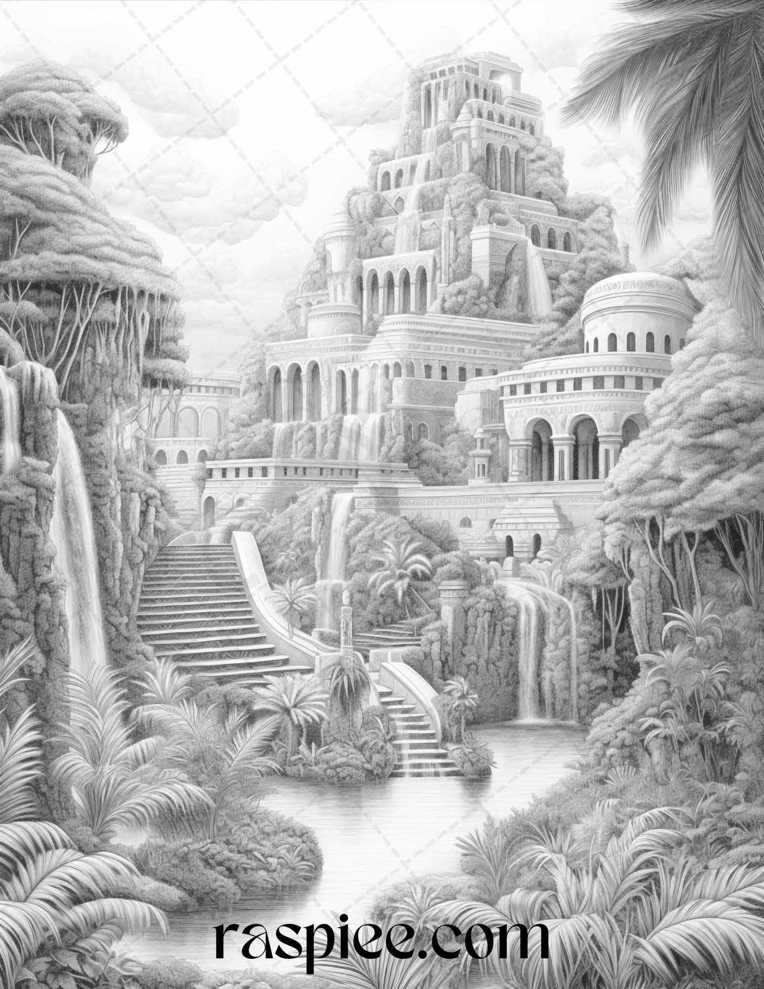 Hanging Gardens of Babylon Grayscale Coloring Pages Printable, PDF File Instant Download