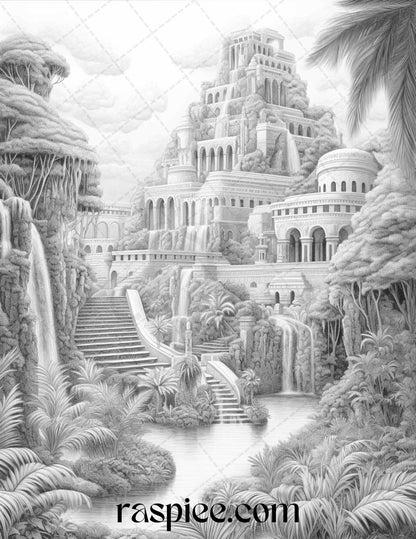 Hanging Gardens of Babylon Grayscale Coloring Pages Printable, PDF File Instant Download