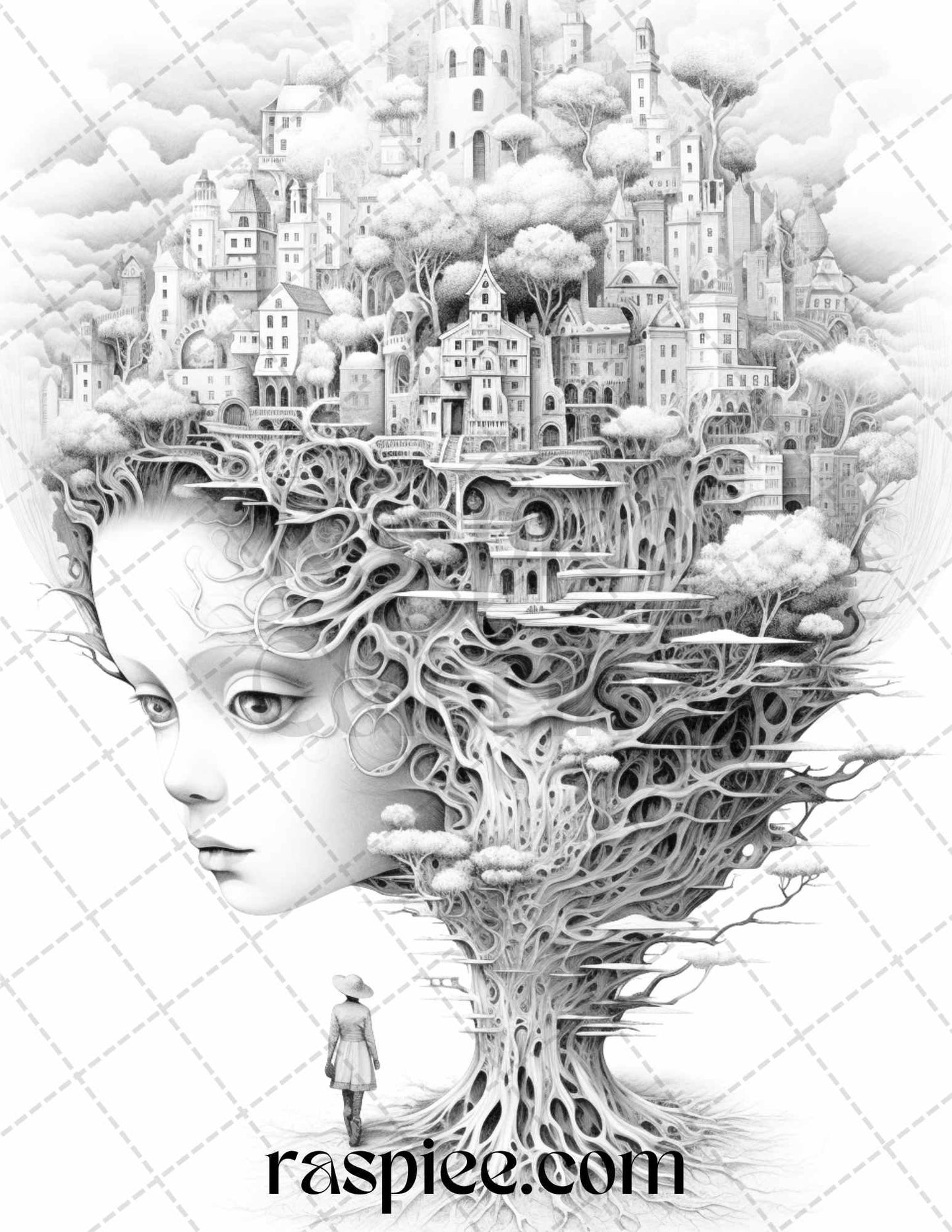 60 Enchanting Surrealism Grayscale Coloring Pages Printable for Adults, PDF File Instant Download