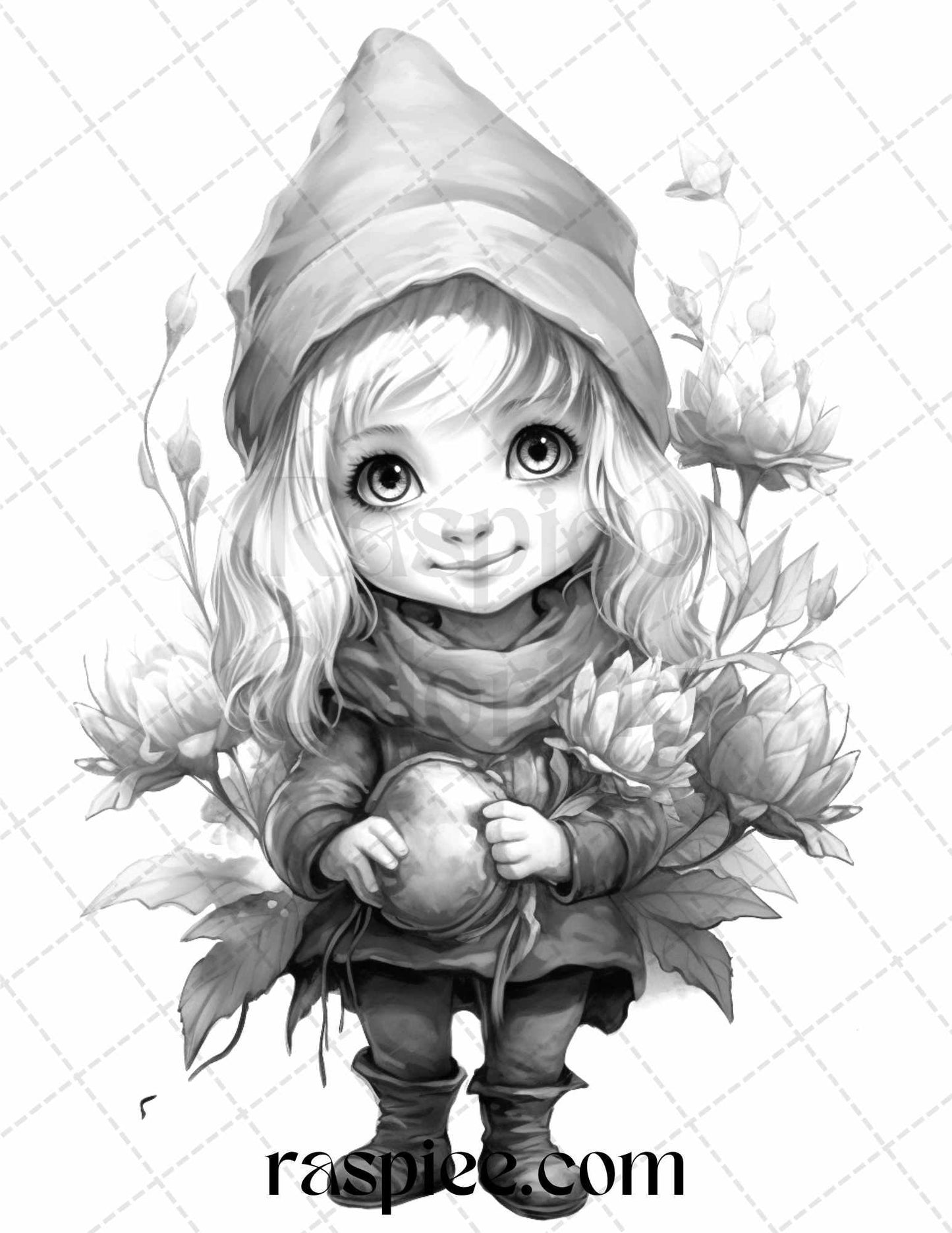 50 Flower Gnomes Grayscale Coloring Pages Printable for Adults Kids, PDF File Instant Download