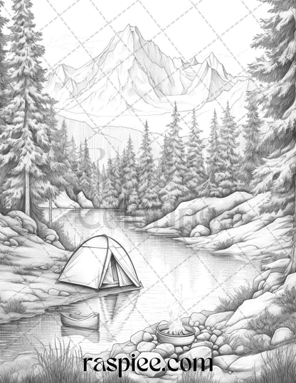 Nature Camping Grayscale Coloring Pages Printable, Relaxing Outdoor Scenes, PDF File Instant Download
