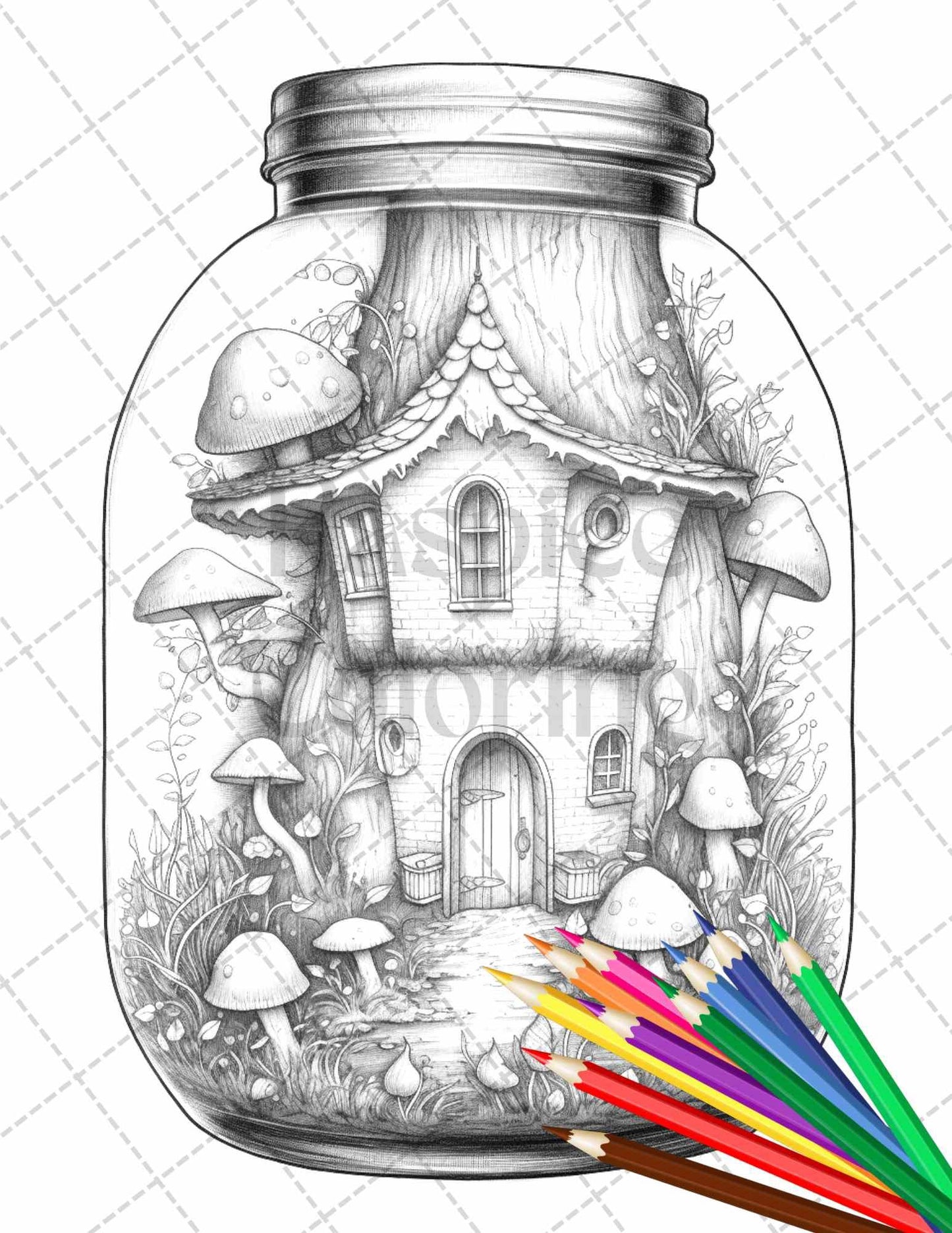 Fairy House in Jar Grayscale Coloring Pages Printable for Adults, PDF File Instant Download
