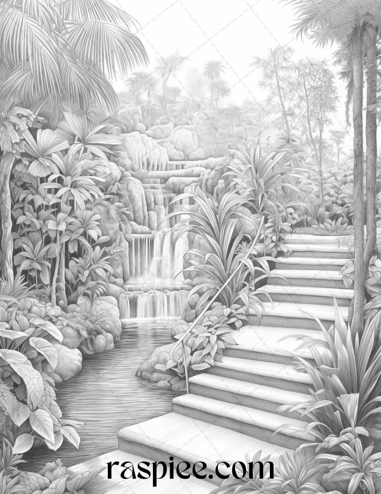 52 Tropical Oasis Grayscale Coloring Pages Printable for Adults, PDF File Instant Download