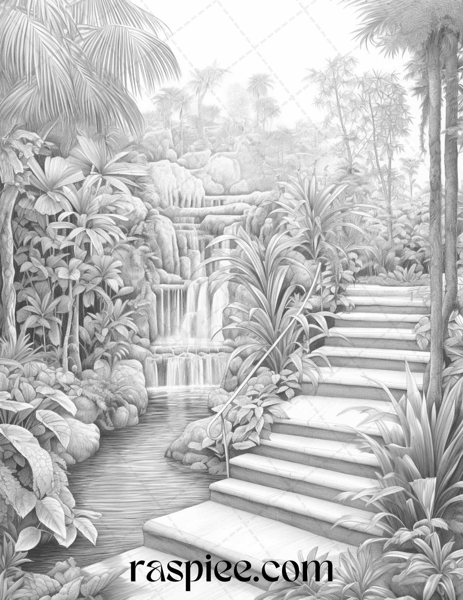 52 Tropical Oasis Grayscale Coloring Pages Printable for Adults, PDF File Instant Download