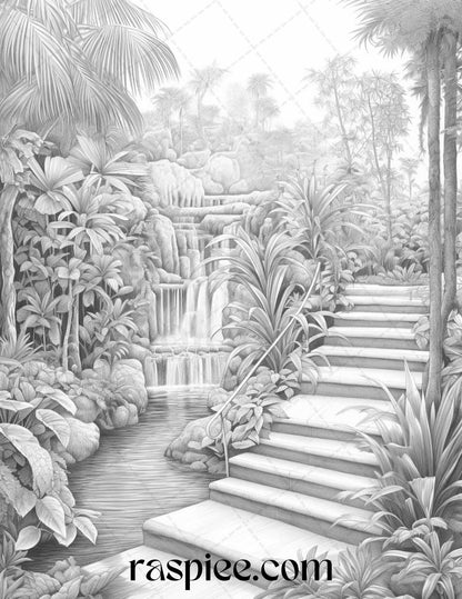 52 Tropical Oasis Grayscale Coloring Pages Printable for Adults, PDF File Instant Download