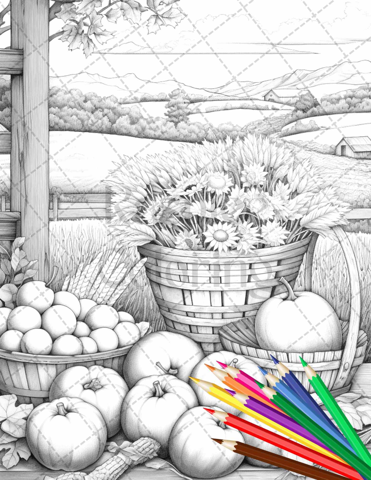 Autumn Harvest Grayscale Coloring Pages Printable for Adults, Relaxing Fall Themed Art, PDF File Instant Download