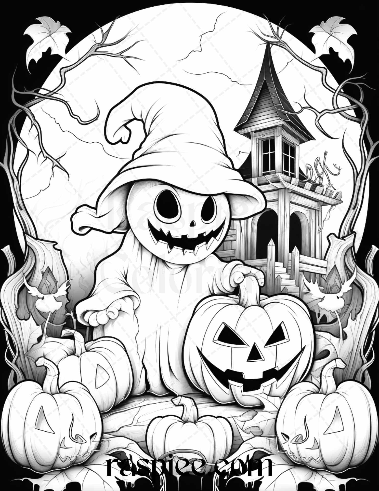 50 Halloween Cute Ghosts Grayscale Coloring Printable for Adults Kids, PDF File Instant Download