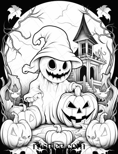 50 Halloween Cute Ghosts Grayscale Coloring Printable for Adults Kids, PDF File Instant Download