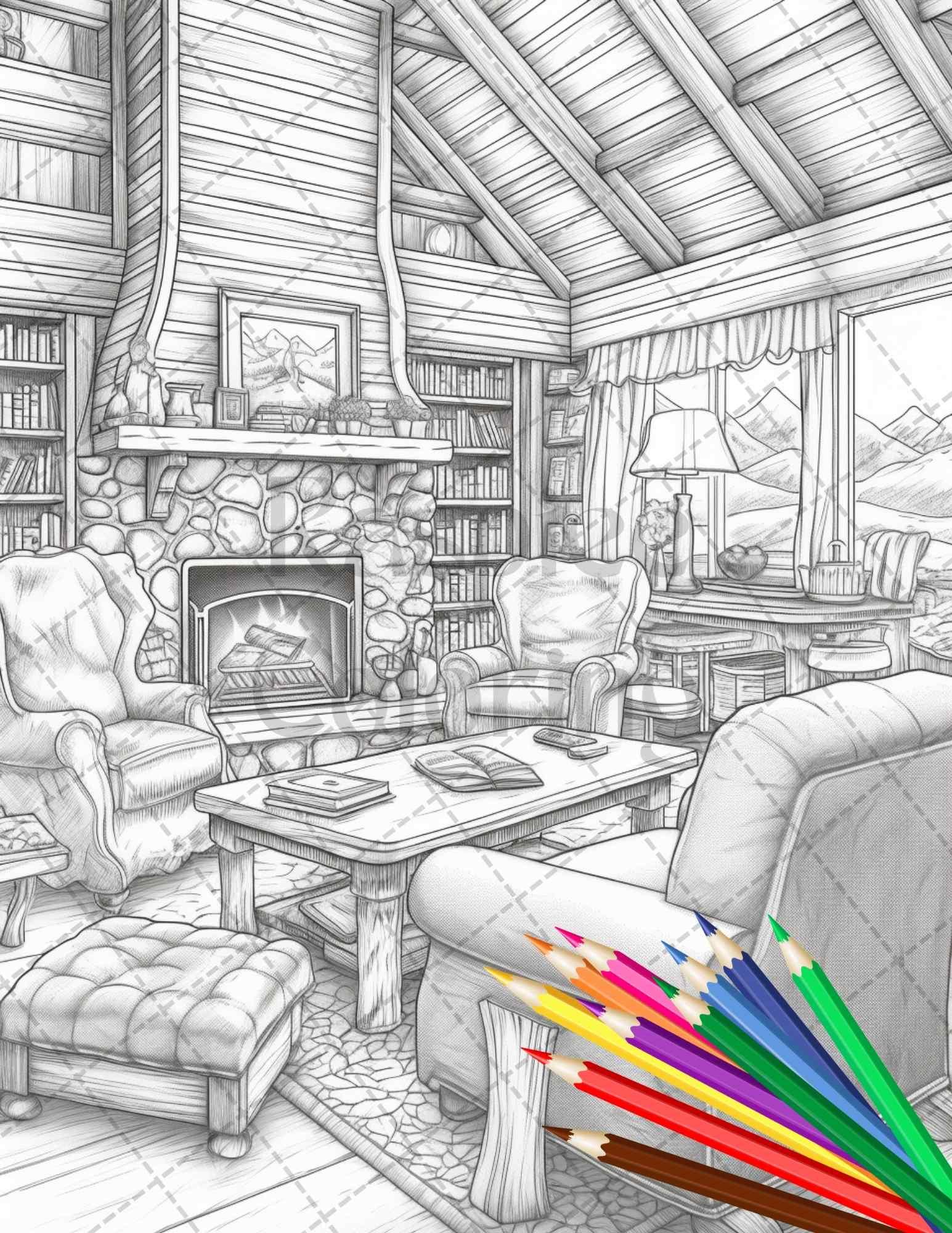 Cozy Cabin Interior Grayscale Coloring Pages Printable for Adults, PDF File Instant Download