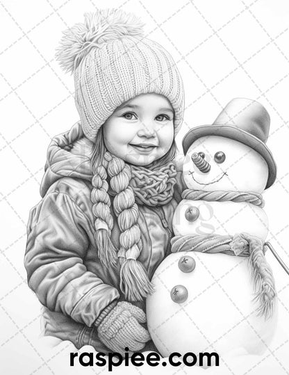 50 Baby Winter Portrait Grayscale Coloring Pages Printable for Adults, PDF File Instant Download